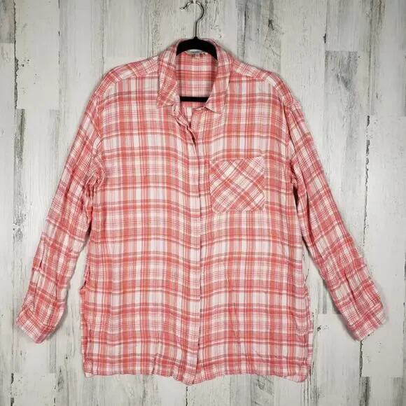 Calvin Klein Jeans Coral Orange Plaid Long Sleeve Button Down Shirt Size Large - Picture 1 of 11